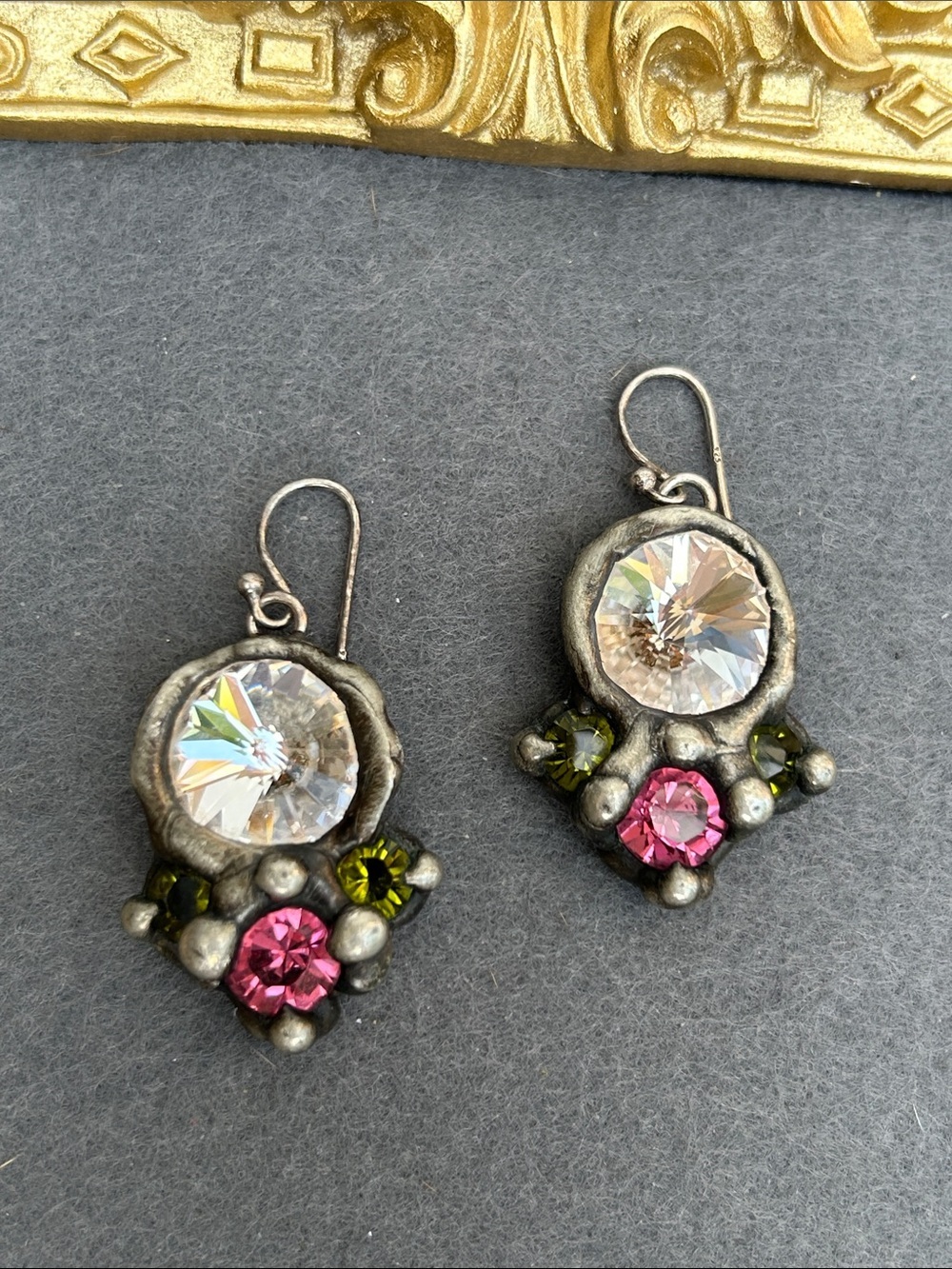 Handcrafted Pink & Clear Rivoli Crystal Drop Earrings 925 Hooks